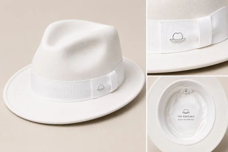 The Possible white wool fedora with white band and pin badge, lined ‘THE POSSIBLE — built on purpose’.